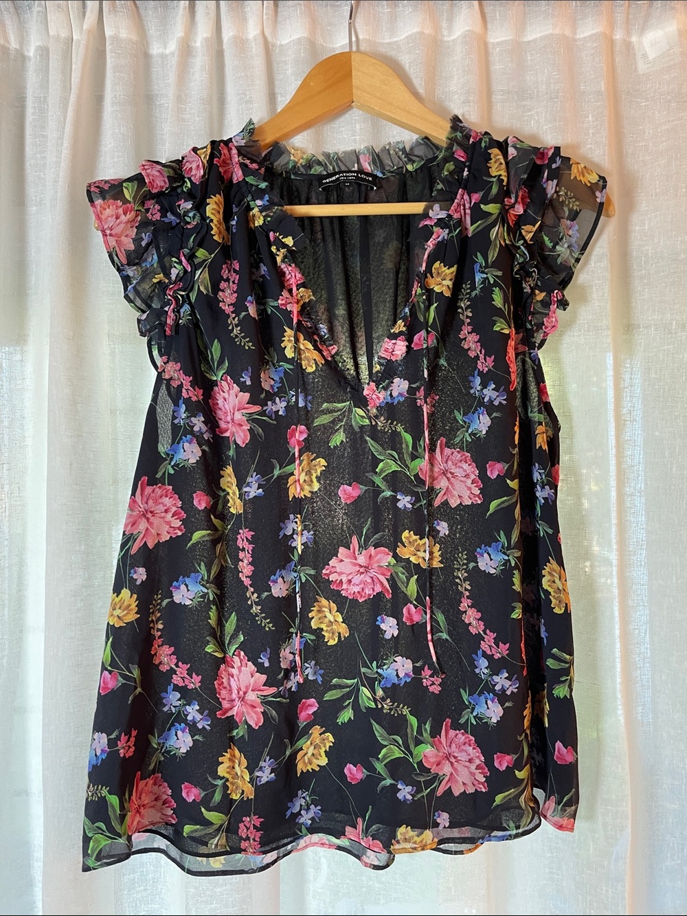 Generation Love Black Floral Ruffle Tie-Neck Blouse